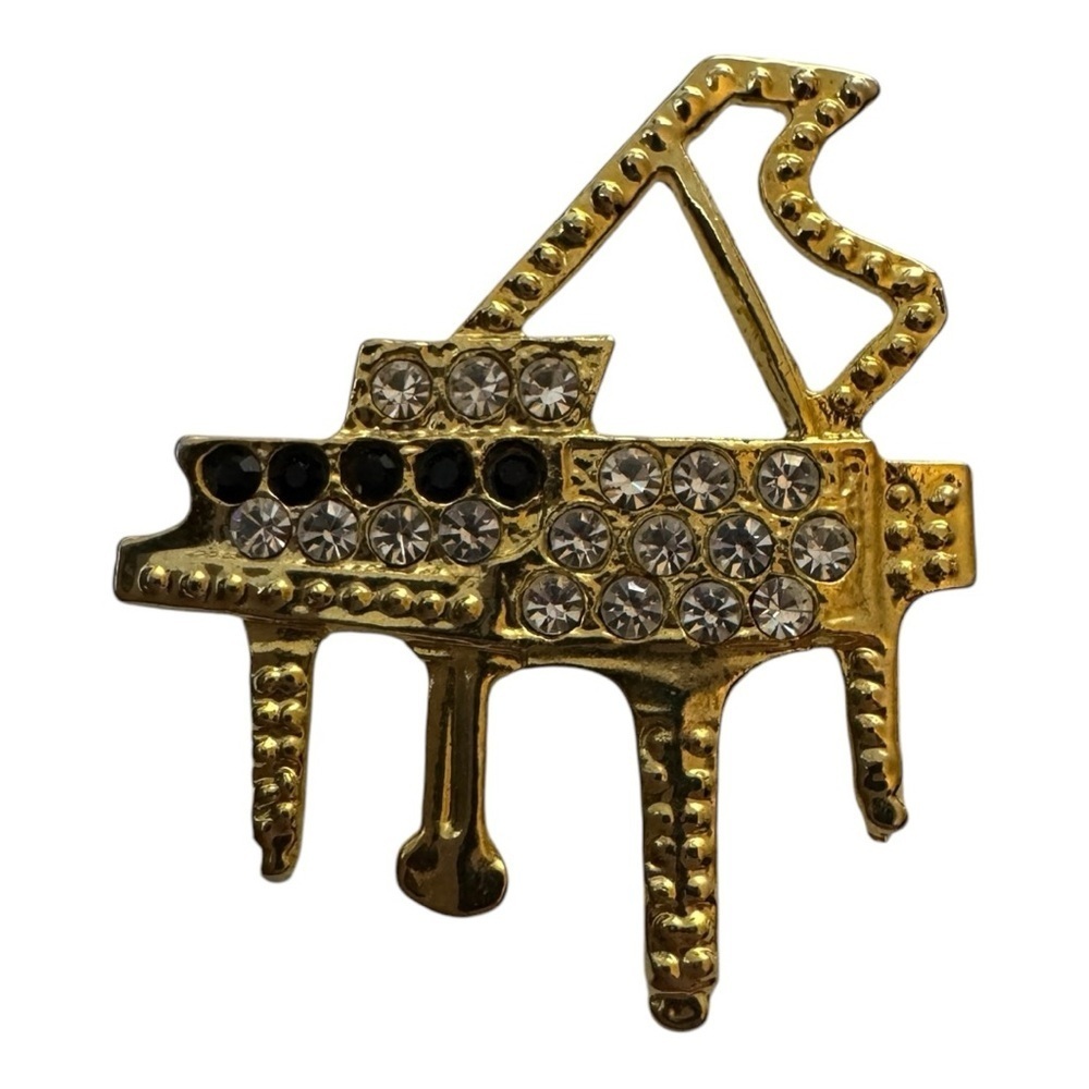 Gold Piano Brooch with Rhinestones